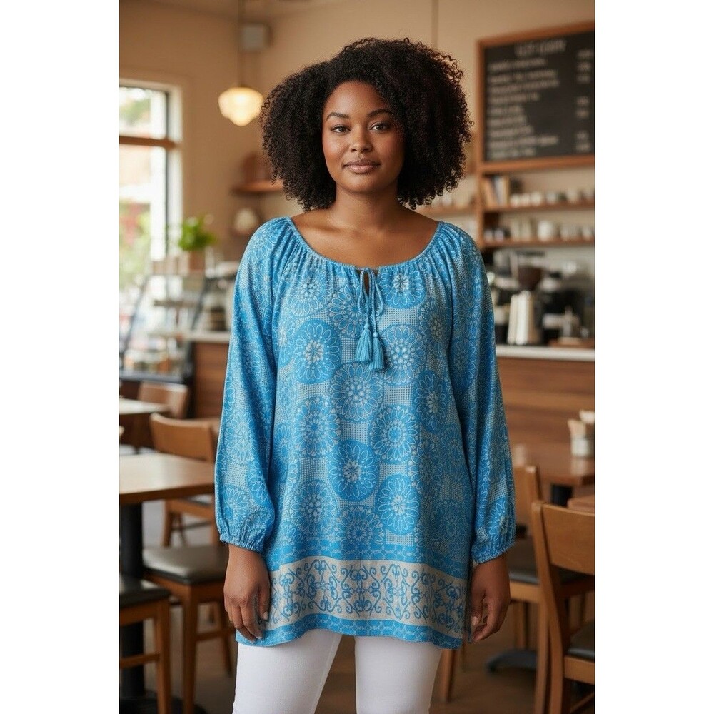 Amanda Blu Tunic Top XXLarge Blue Gray Lightweight Long Sleeve BOHO EUC